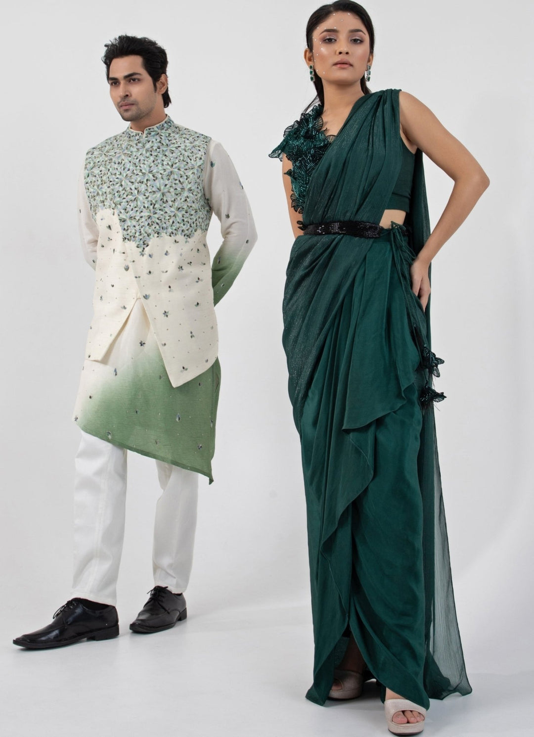Emerald Green Crepe Predraped Saree Set With Appliqué Blouse Smriti - Fabilicious Fashion
