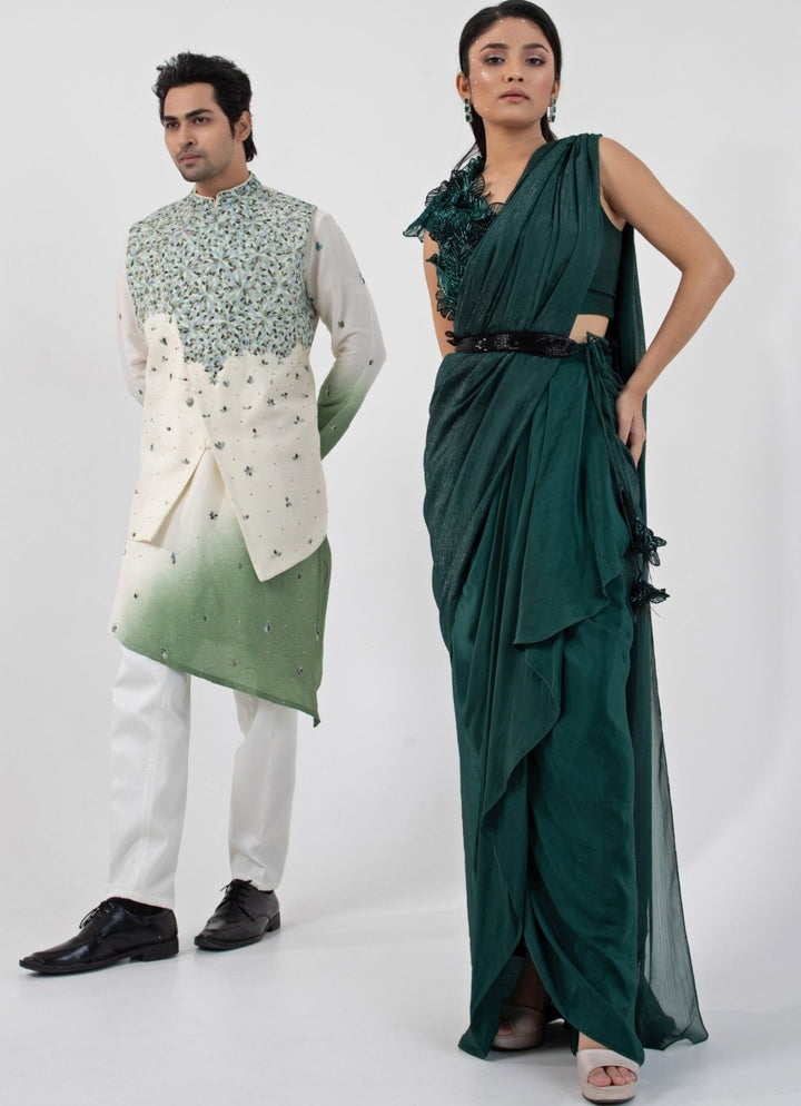 Emerald Green Crepe Predraped Saree Set With Appliqué Blouse Smriti - Fabilicious Fashion
