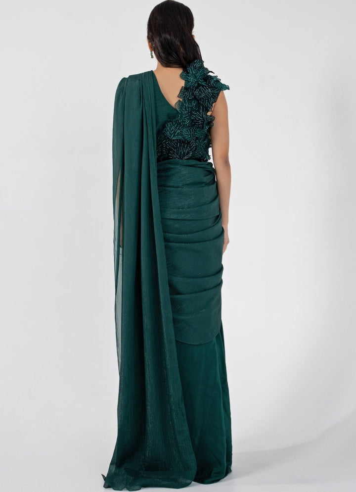 Emerald Green Crepe Predraped Saree Set With Appliqué Blouse Smriti - Fabilicious Fashion
