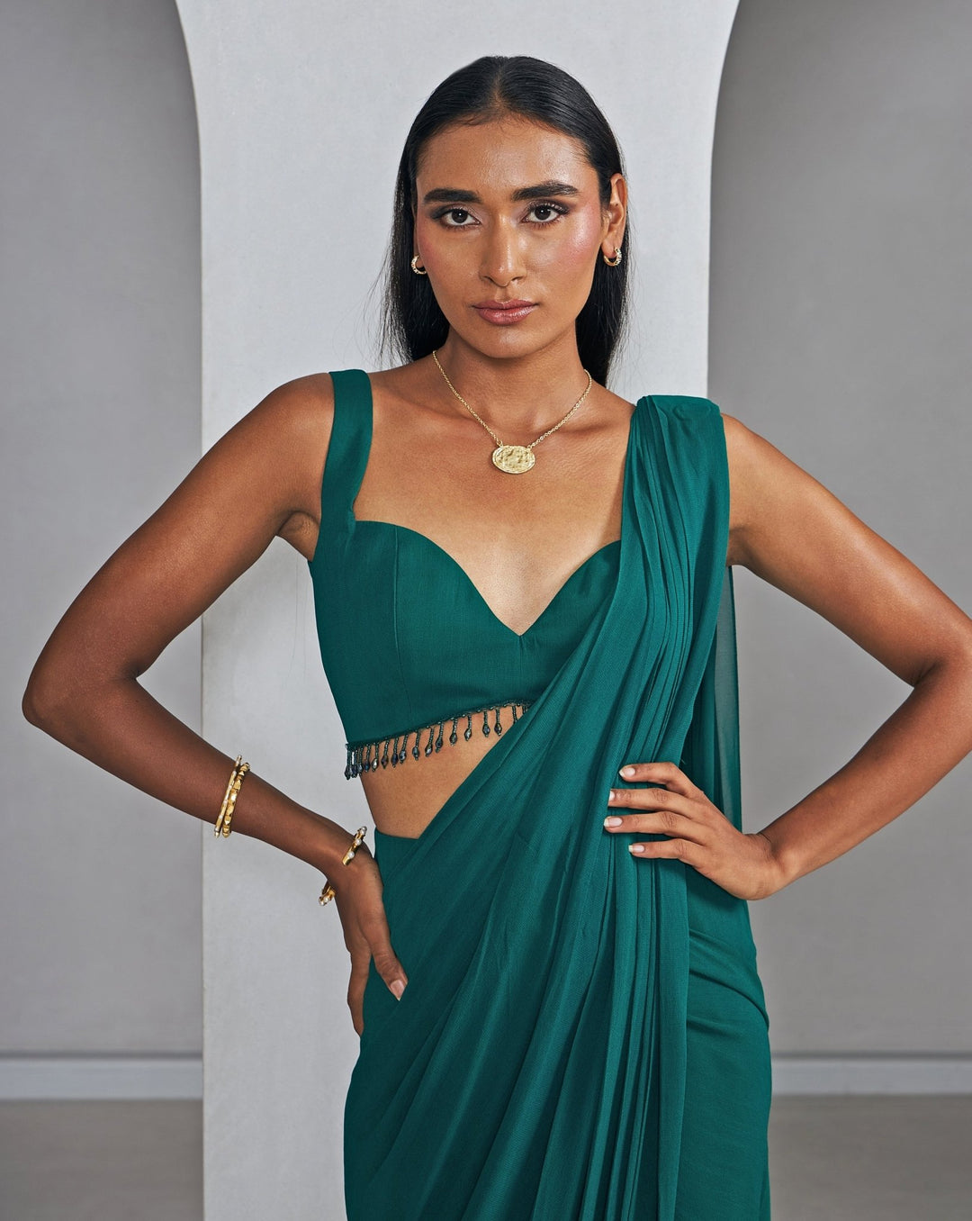 Emerald Green Dhoti Style Pure Georgette Saree With Strappy Blouse Ankita Bajaj Label - Fabilicious Fashion