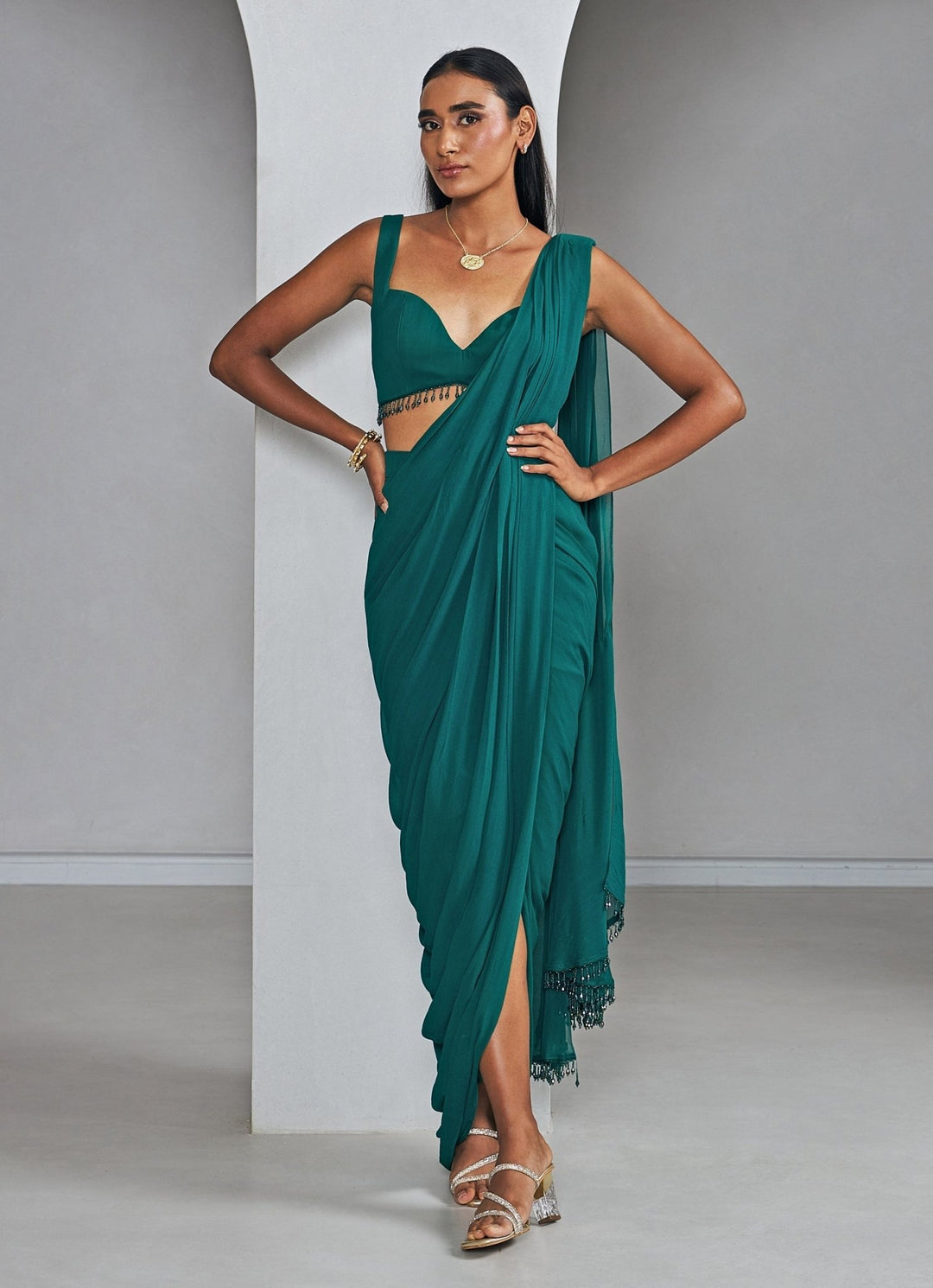 Emerald Green Dhoti Style Pure Georgette Saree With Strappy Blouse Ankita Bajaj Label - Fabilicious Fashion