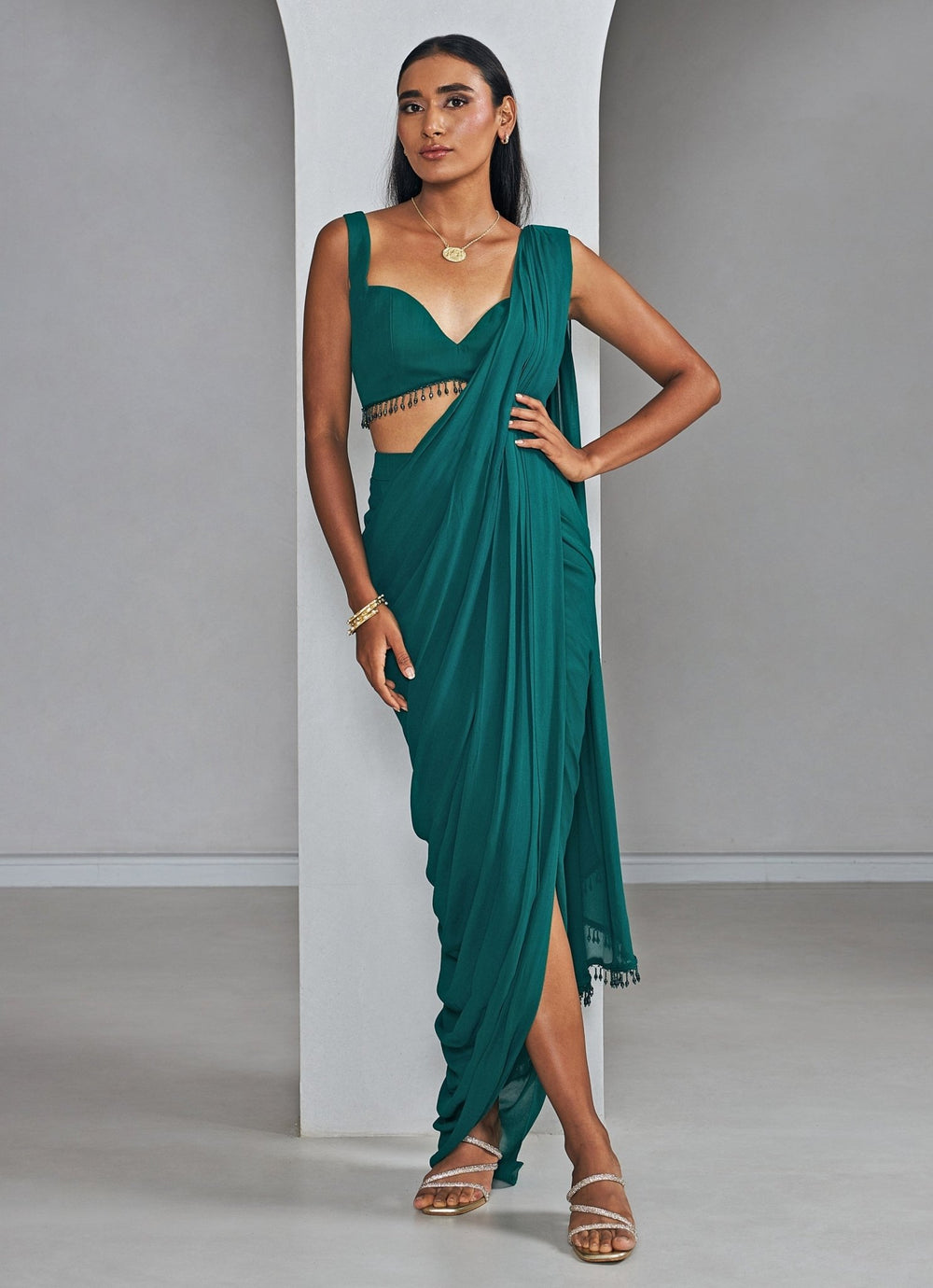 Emerald Green Dhoti Style Pure Georgette Saree With Strappy Blouse Ankita Bajaj Label - Fabilicious Fashion