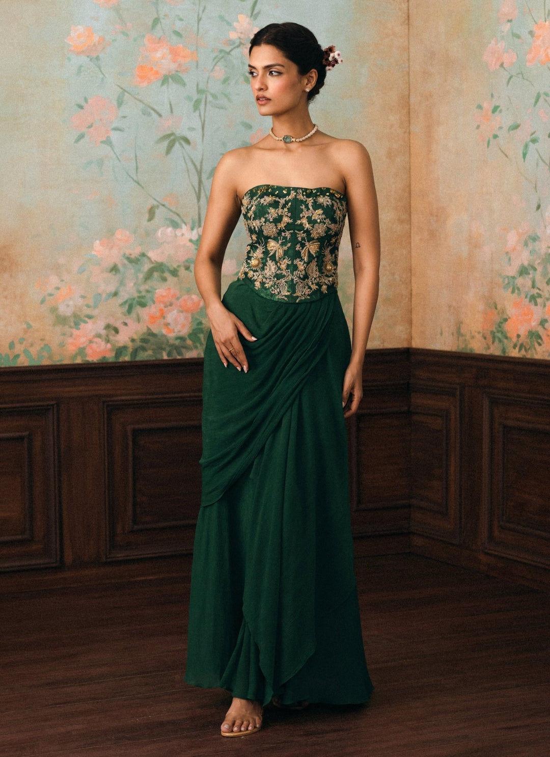 Paulmi and Harsh Emerald Green Drape Skirt Set With CorsetFabilicious Fashion