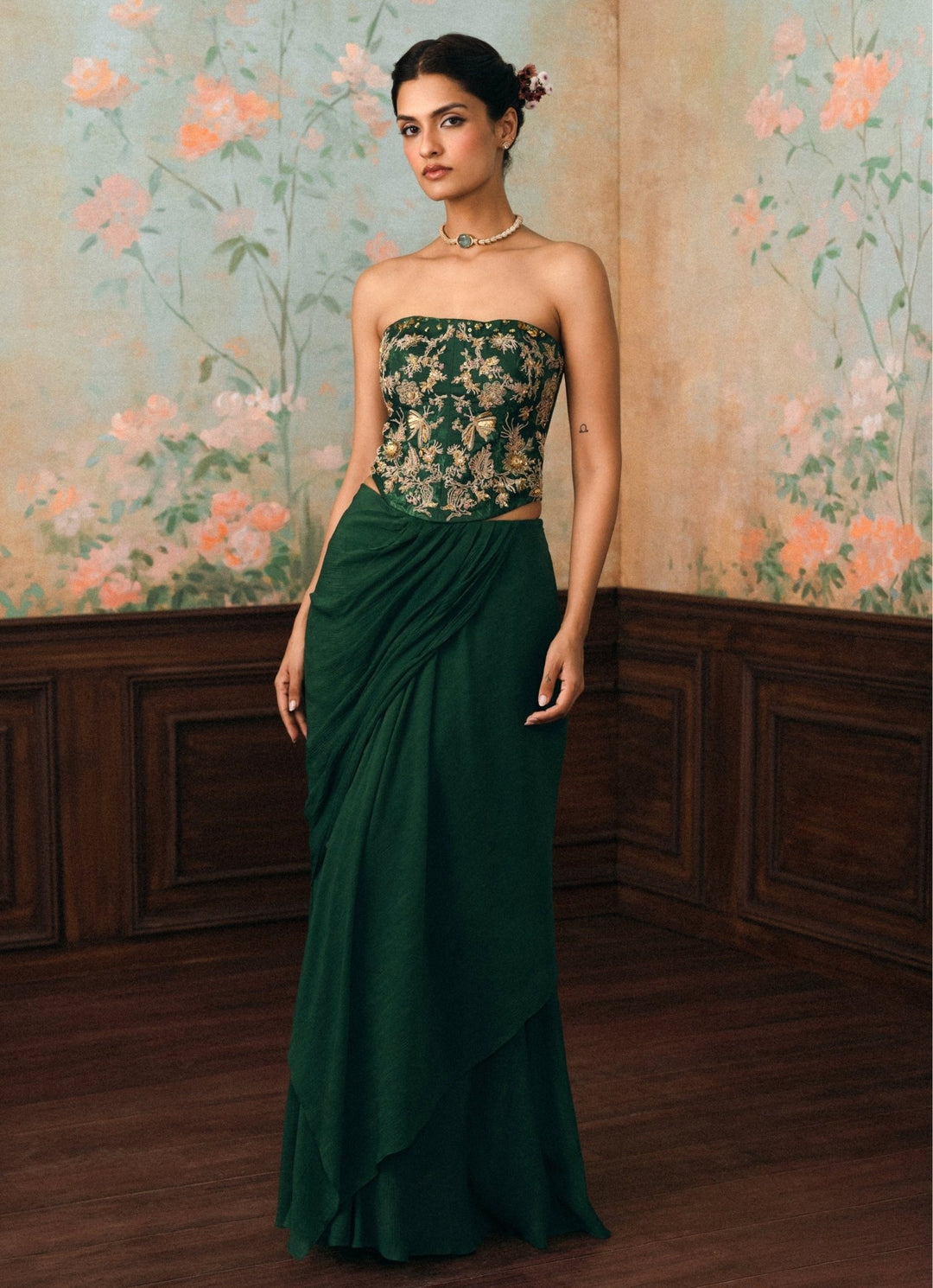 Paulmi and Harsh Emerald Green Drape Skirt Set With CorsetFabilicious Fashion
