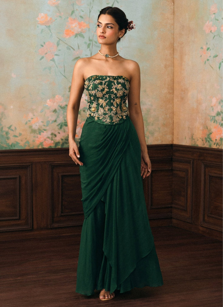 Paulmi and Harsh Emerald Green Drape Skirt Set With CorsetFabilicious Fashion