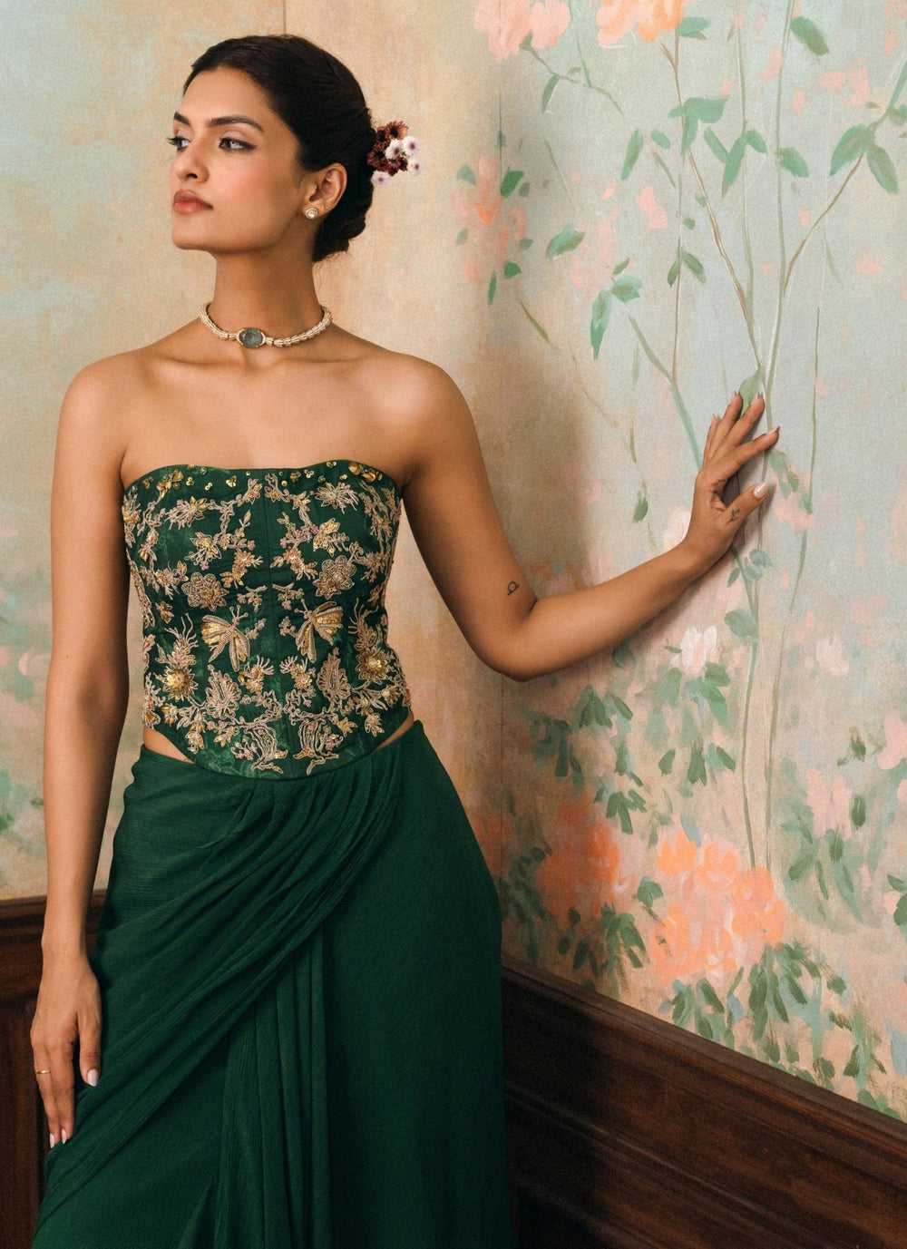 Paulmi and Harsh Emerald Green Drape Skirt Set With CorsetFabilicious Fashion