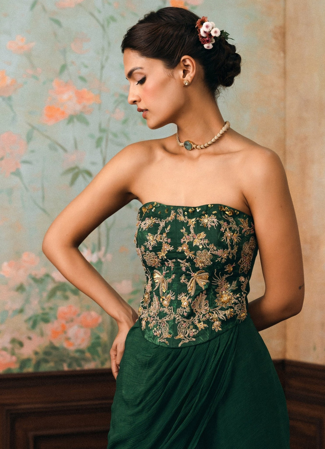 Paulmi and Harsh Emerald Green Drape Skirt Set With CorsetFabilicious Fashion