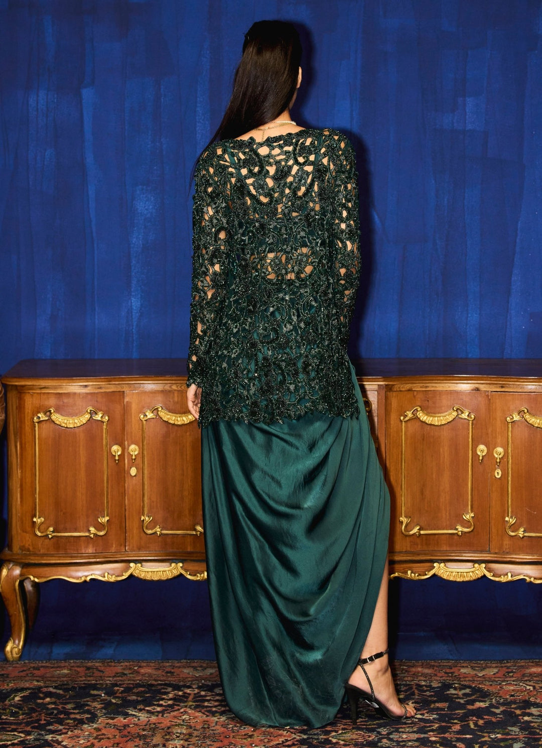 Emerald Green Drape Skirt With Embroidered Jacket And Bustier Mani Bhatia - Fabilicious Fashion