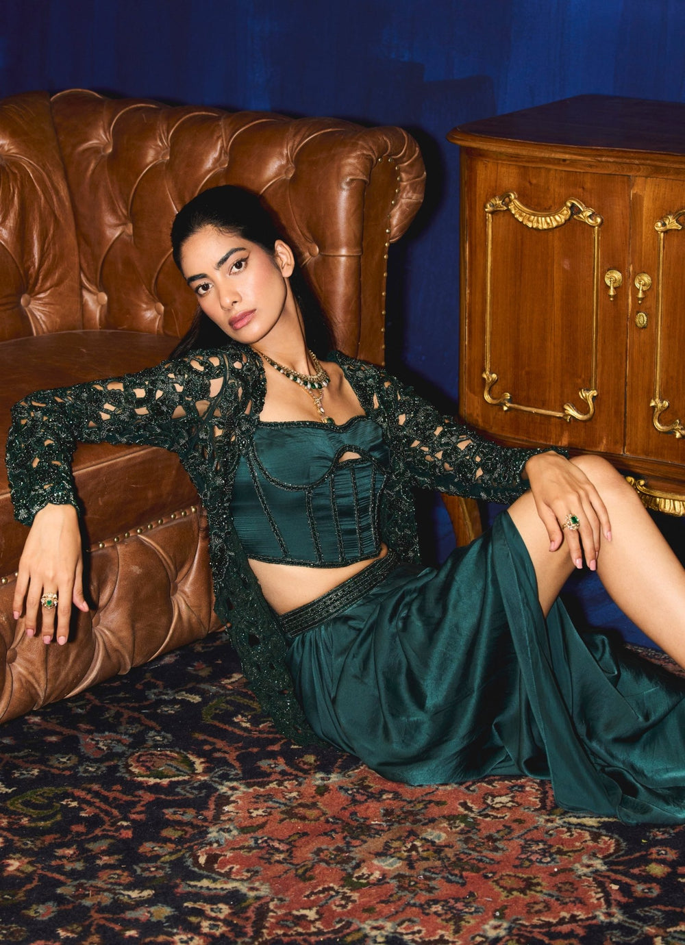 Emerald Green Drape Skirt With Embroidered Jacket And Bustier Mani Bhatia - Fabilicious Fashion