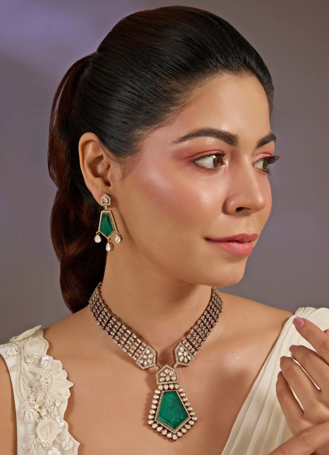 Emerald Green Drop Kundan Necklace Set Vivinia By Vidhi Mehra - Fabilicious Fashion