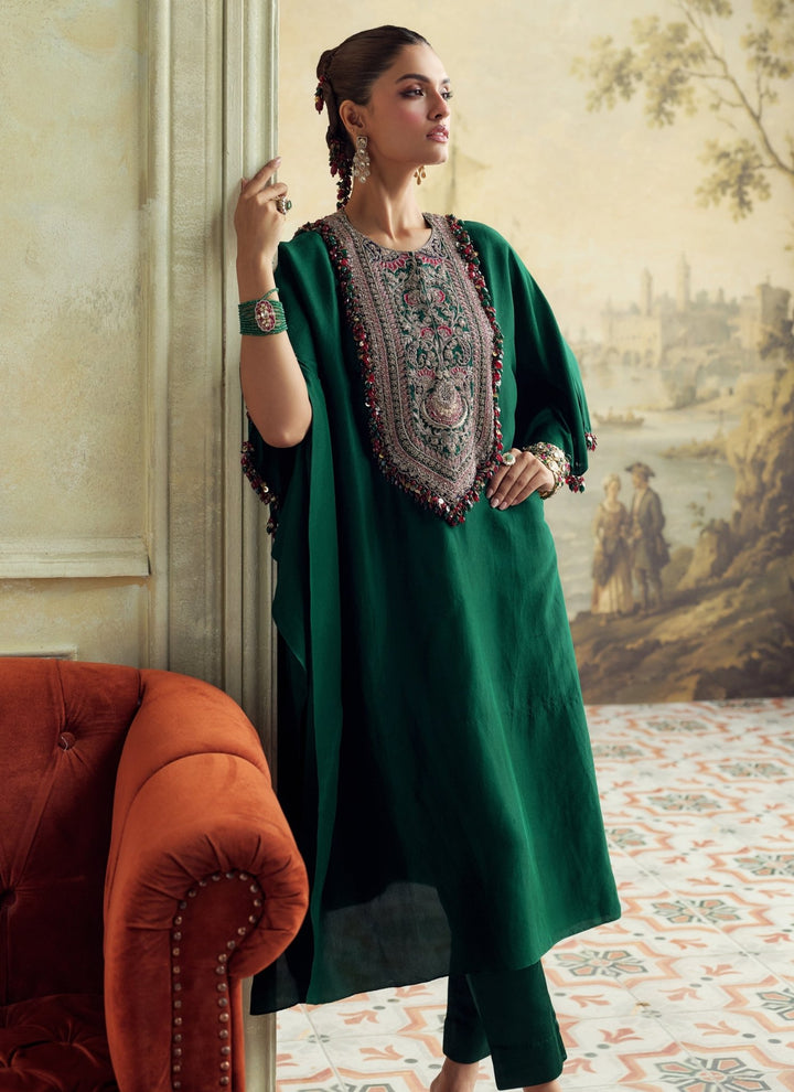 Prisho Emerald Green Dupion Silk Kaftan Pants SetFabilicious Fashion