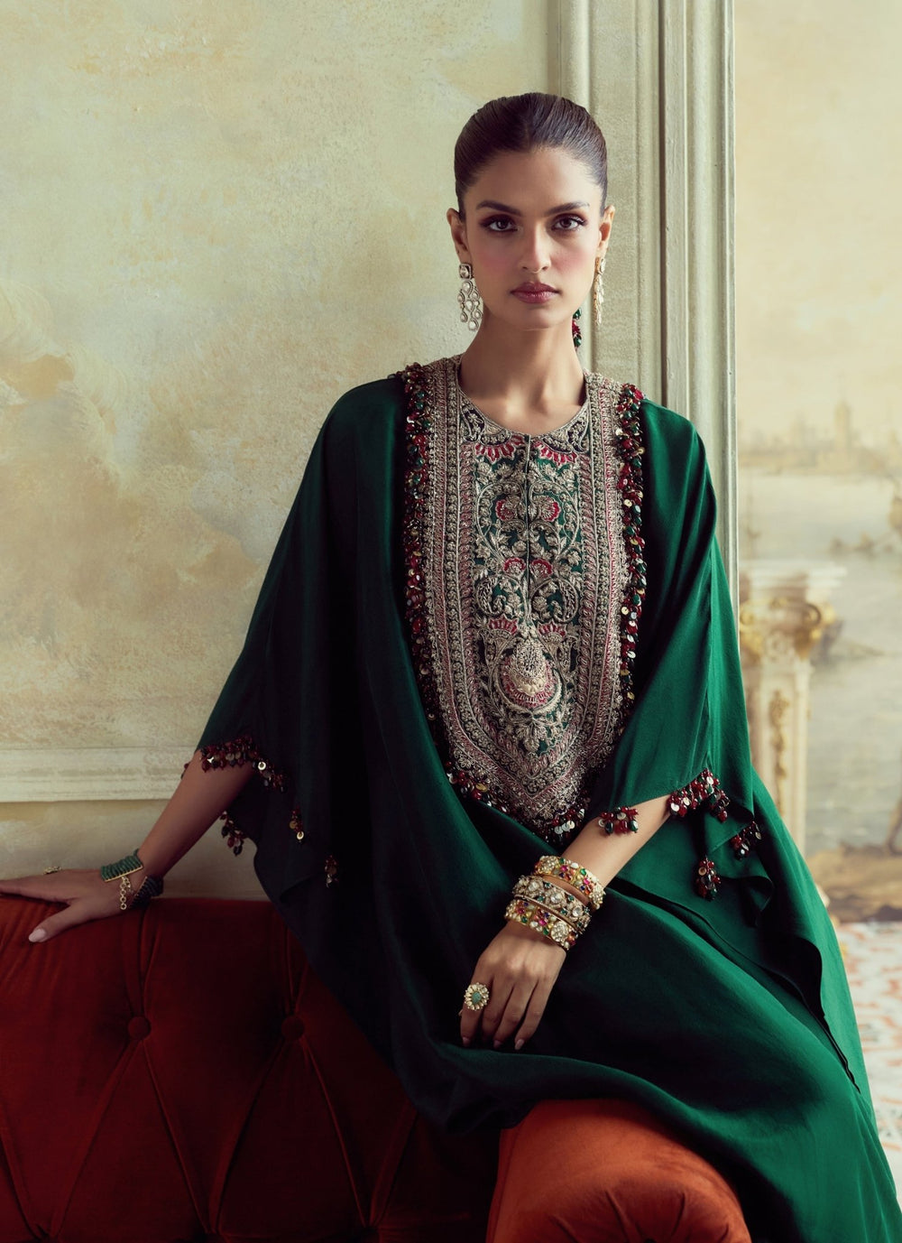 Prisho Emerald Green Dupion Silk Kaftan Pants SetFabilicious Fashion