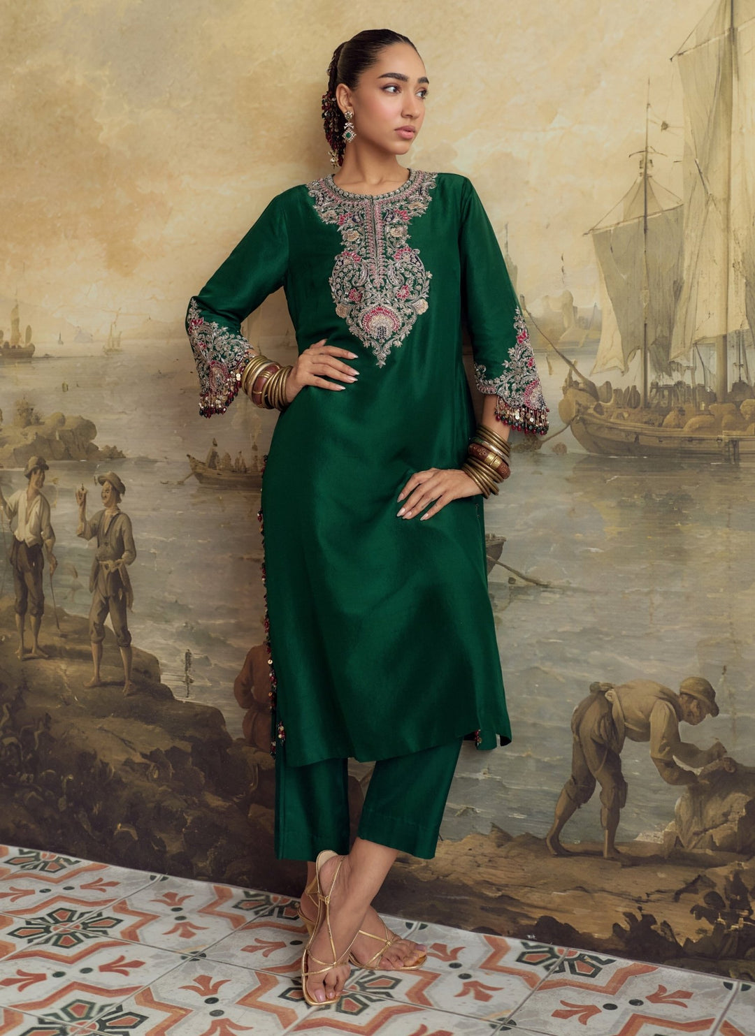 Prisho Emerald Green Dupion Silk Kurta Pants SetFabilicious Fashion