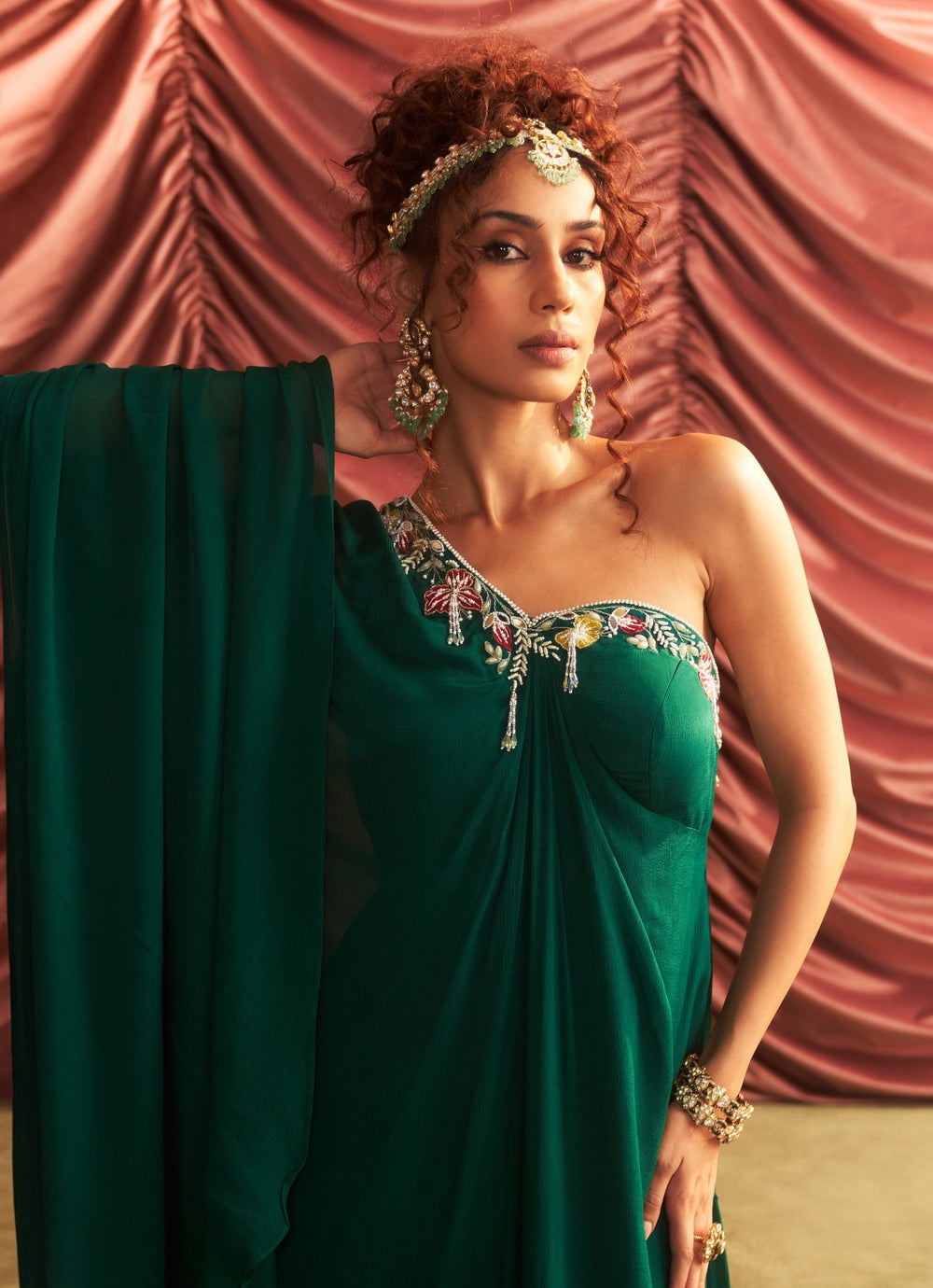 Emerald Green Embroidered Chiffon One Shoulder Kaftan Seema Thukral - Fabilicious Fashion