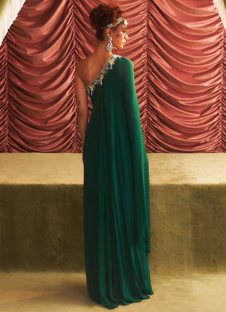 Emerald Green Embroidered Chiffon One Shoulder Kaftan Seema Thukral - Fabilicious Fashion