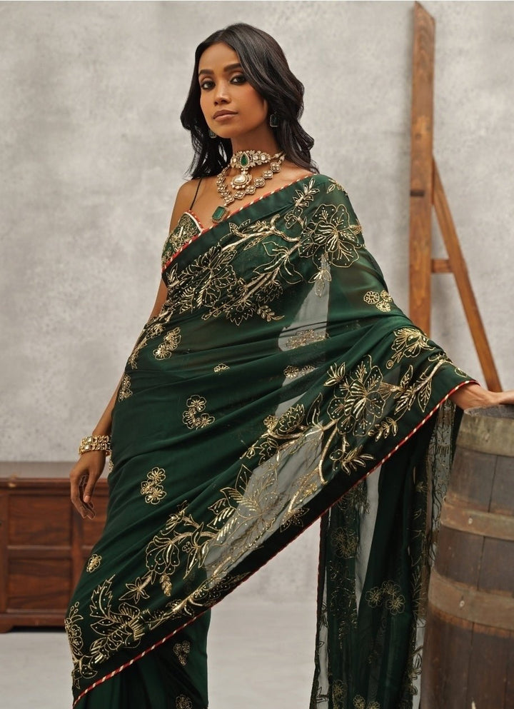 Emerald Green Embroidered Georgette Saree Kapda Dori - Fabilicious Fashion