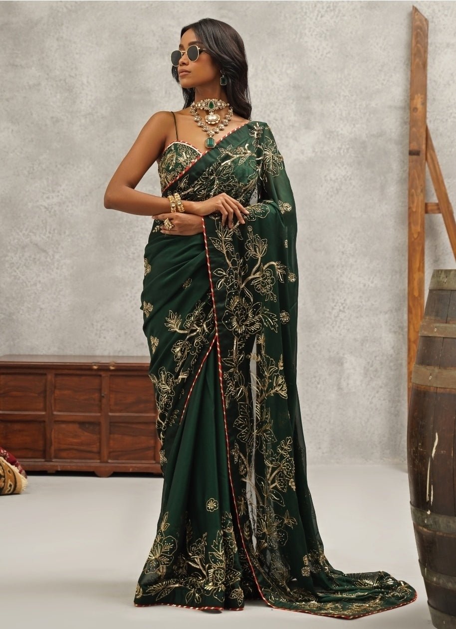 Emerald Green Embroidered Georgette Saree Kapda Dori - Fabilicious Fashion