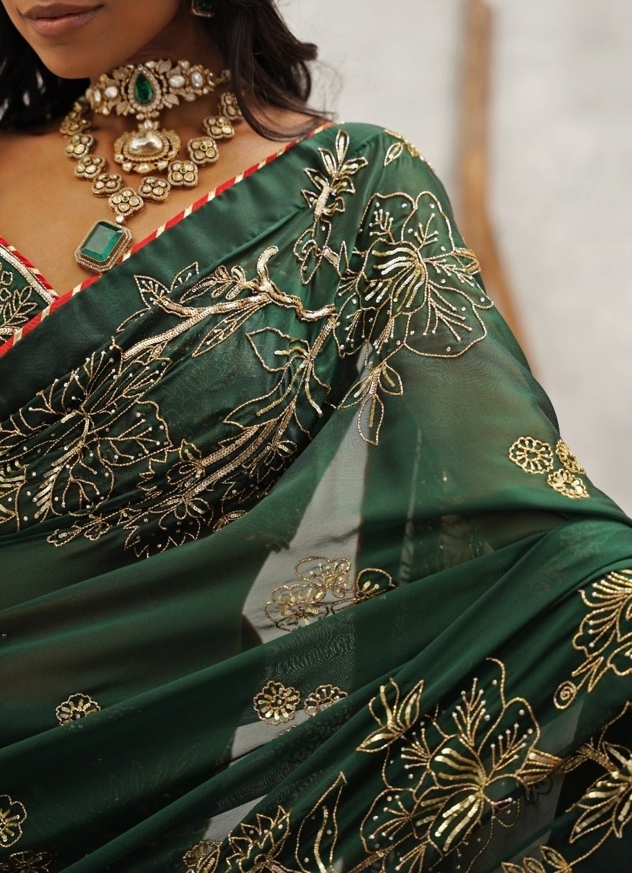 Emerald Green Embroidered Georgette Saree Kapda Dori - Fabilicious Fashion