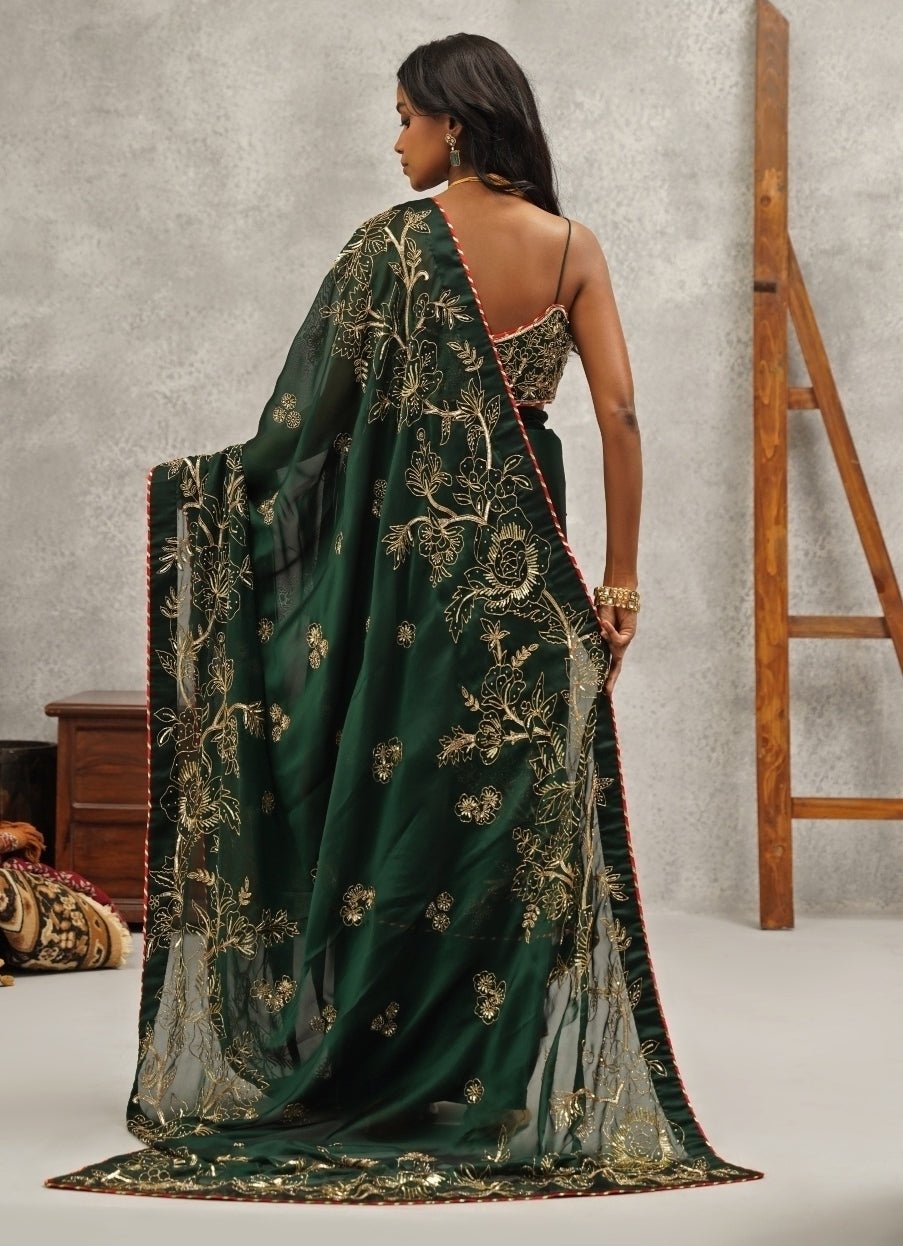 Emerald Green Embroidered Georgette Saree Kapda Dori - Fabilicious Fashion