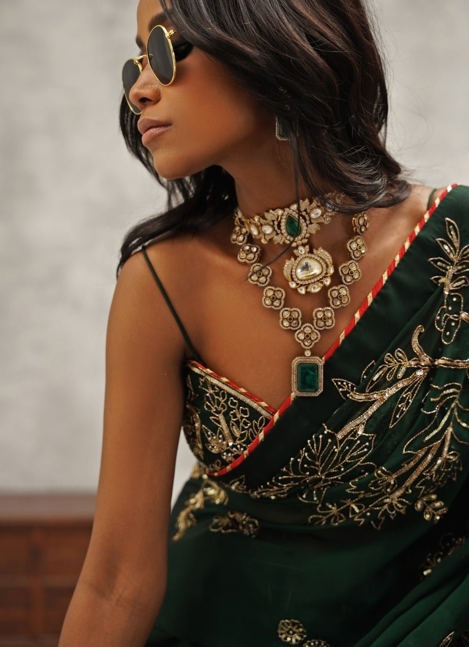 Emerald Green Embroidered Georgette Saree Kapda Dori - Fabilicious Fashion