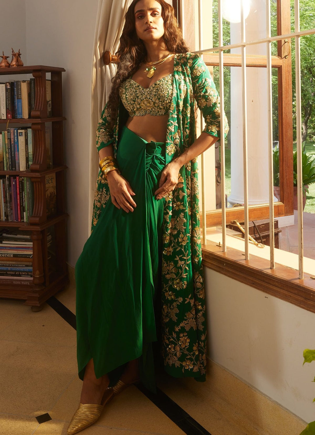 Emerald Green Embroidered Jacket with Drape Skirt Set by Paulmi & Harsh