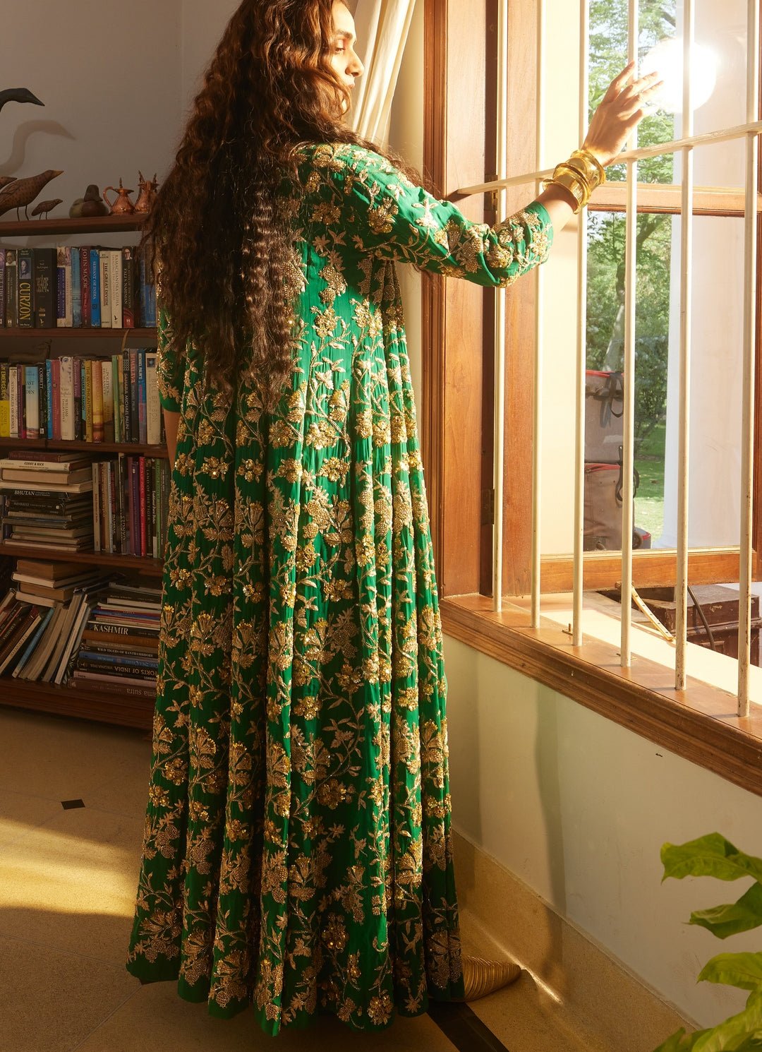 Emerald Green Embroidered Jacket With Drape Skirt Set Paulmi and Harsh - Fabilicious Fashion