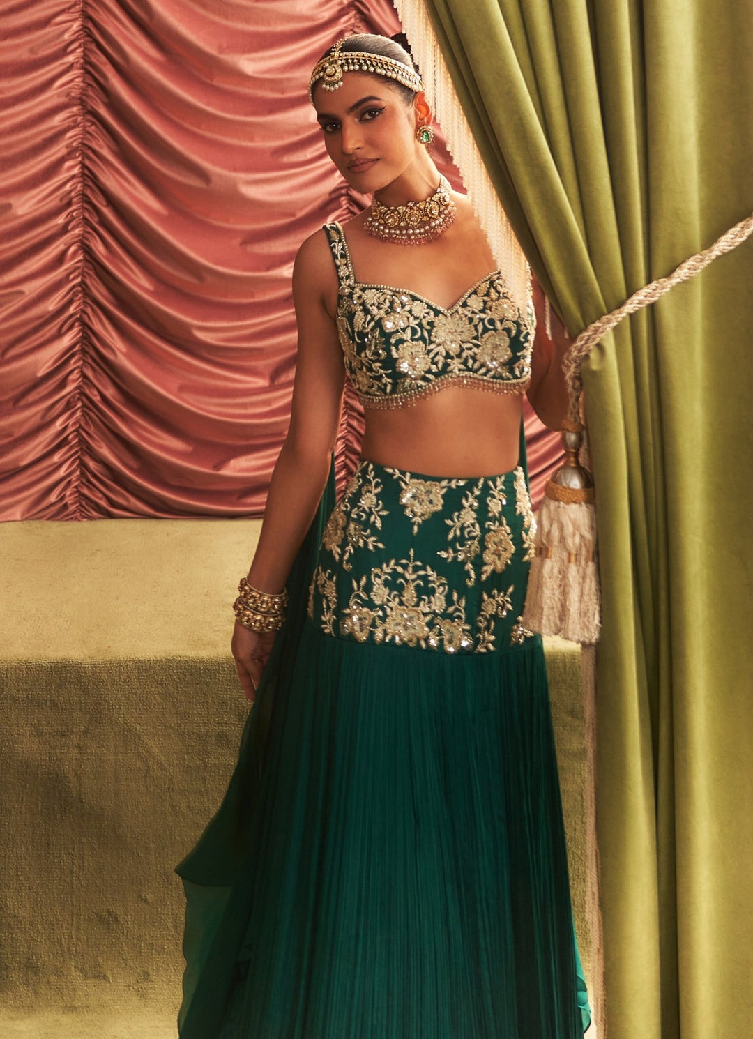Emerald Green Embroidered Lehenga Set With Attached Dupatta Seema Thukral - Fabilicious Fashion