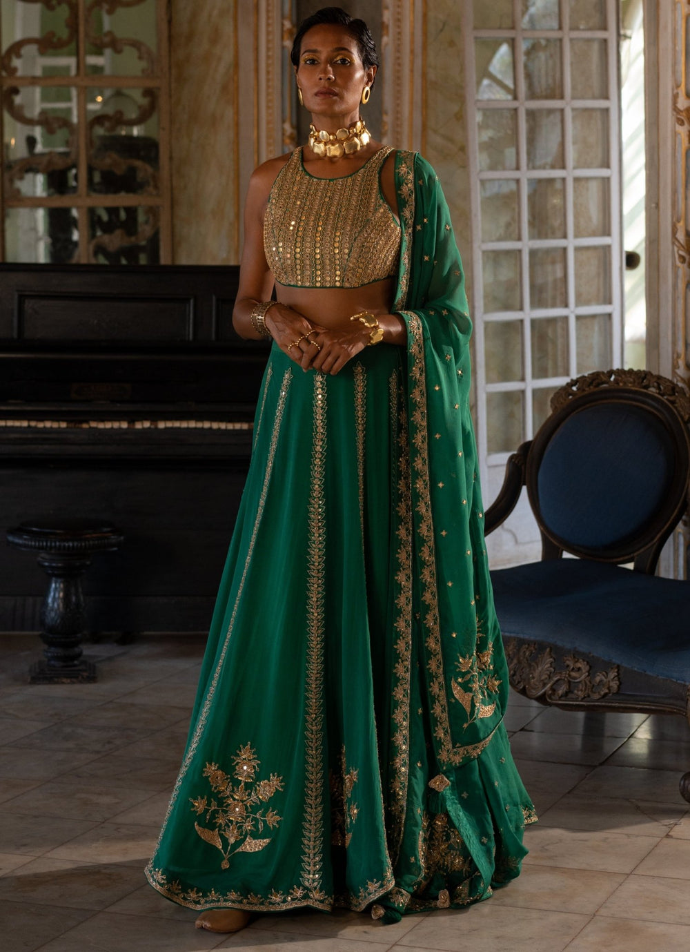Emerald Green Embroidered Organza Lehenga Set Paulmi and Harsh - Fabilicious Fashion
