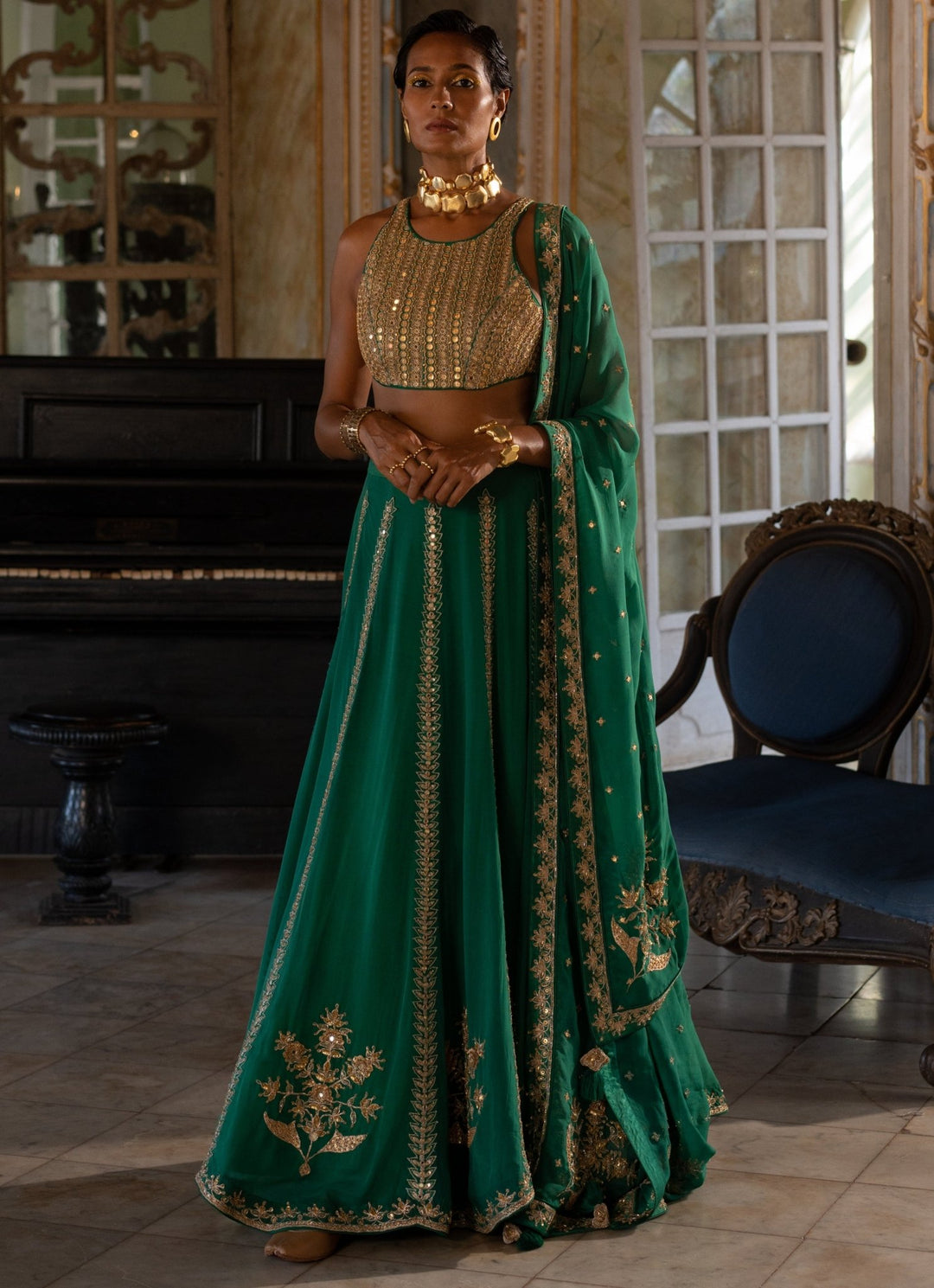 Emerald Green Embroidered Organza Lehenga Set Paulmi and Harsh - Fabilicious Fashion