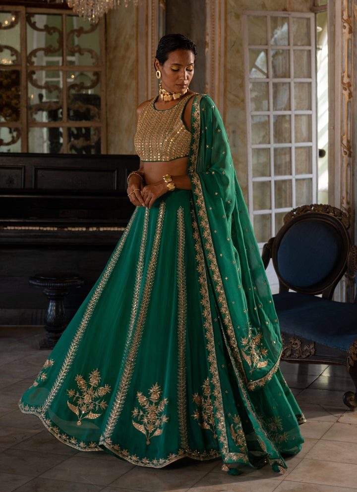 Emerald Green Embroidered Organza Lehenga Set Paulmi and Harsh - Fabilicious Fashion