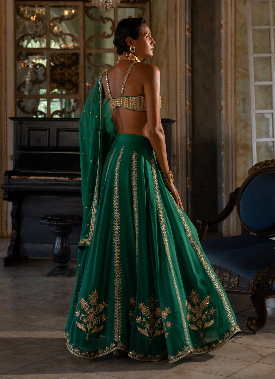 Emerald Green Embroidered Organza Lehenga Set Paulmi and Harsh - Fabilicious Fashion