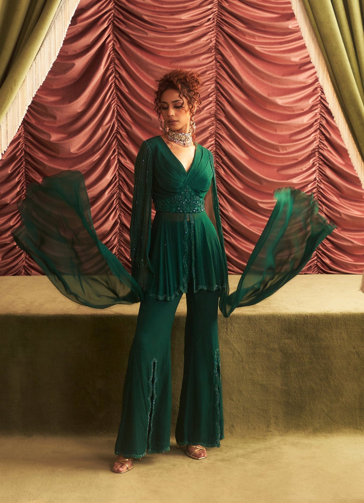 Emerald Green Embroidered Peplum Top With Pants With Attached Dupatta Seema Thukral - Fabilicious Fashion