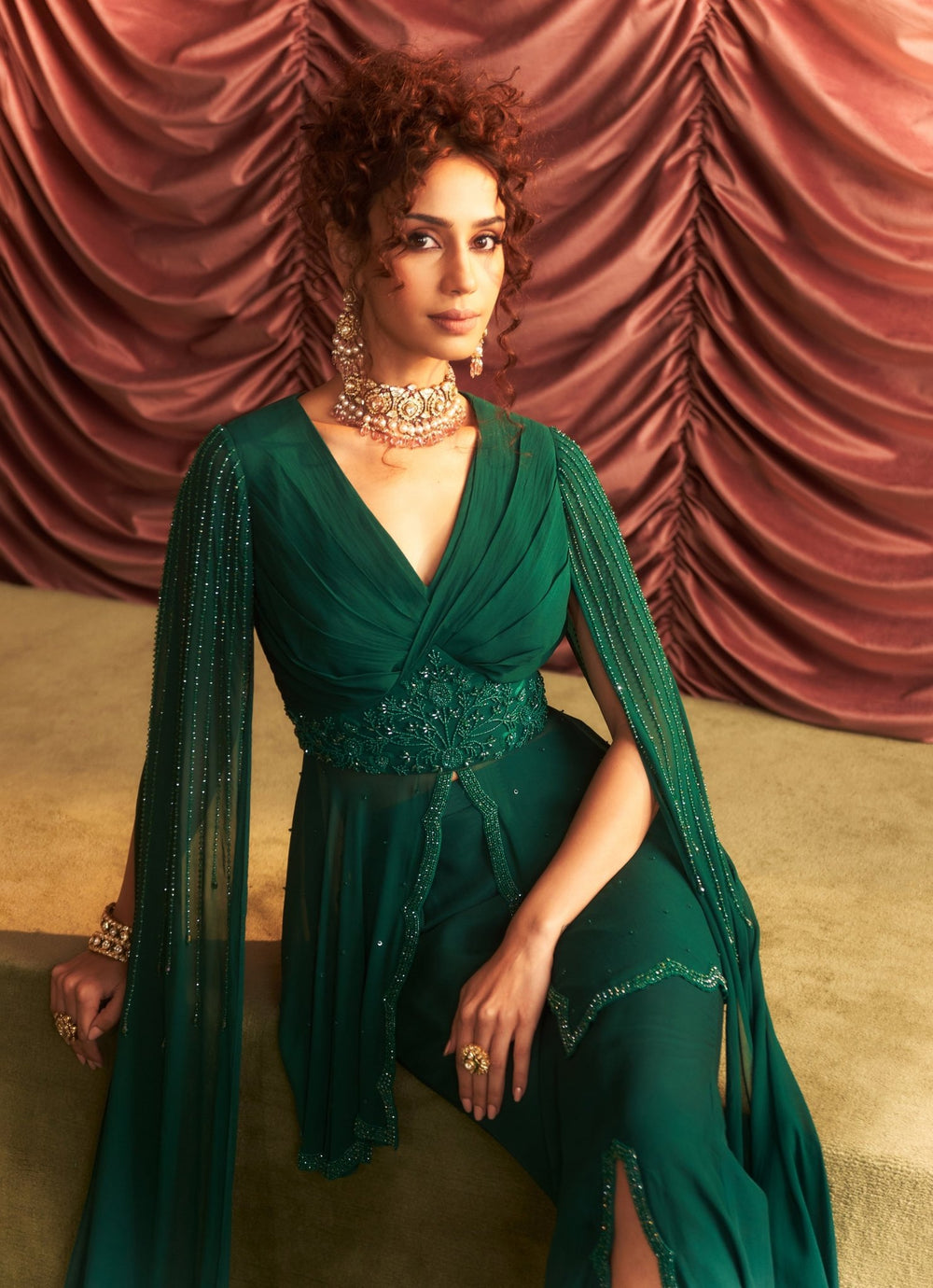 Emerald Green Embroidered Peplum Top With Pants With Attached Dupatta Seema Thukral - Fabilicious Fashion