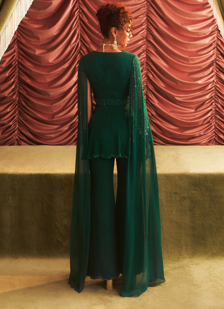 Emerald Green Embroidered Peplum Top With Pants With Attached Dupatta Seema Thukral - Fabilicious Fashion