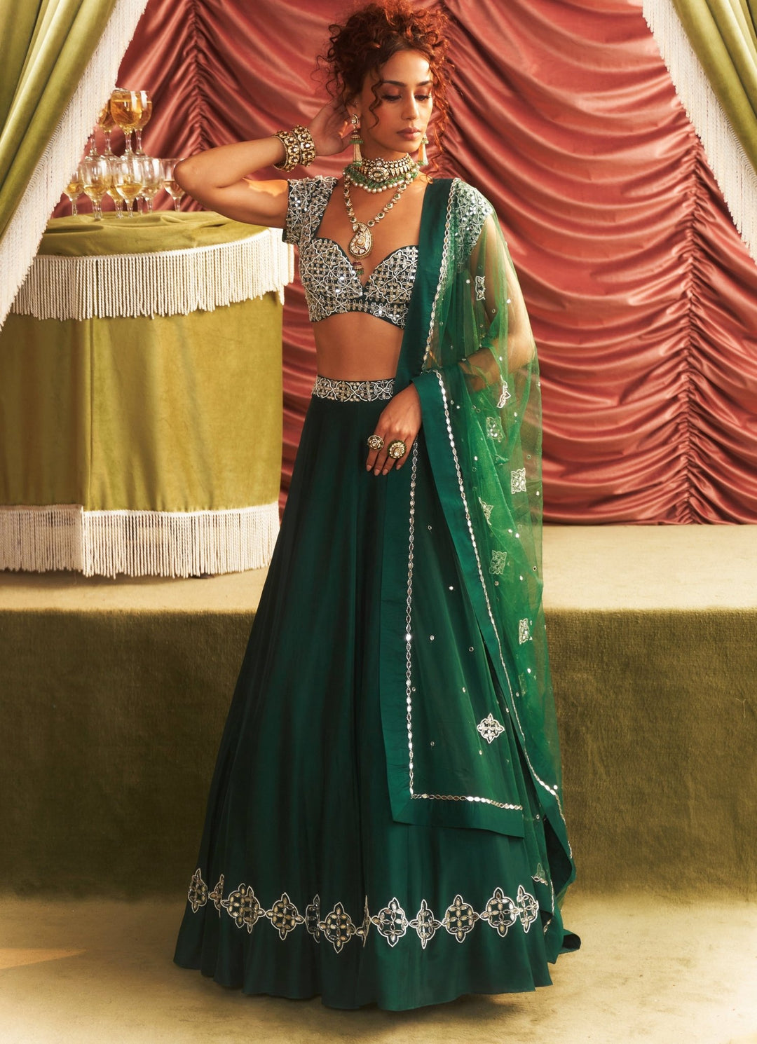 Emerald Green Embroidered Silk Lehenga Set Seema Thukral - Fabilicious Fashion