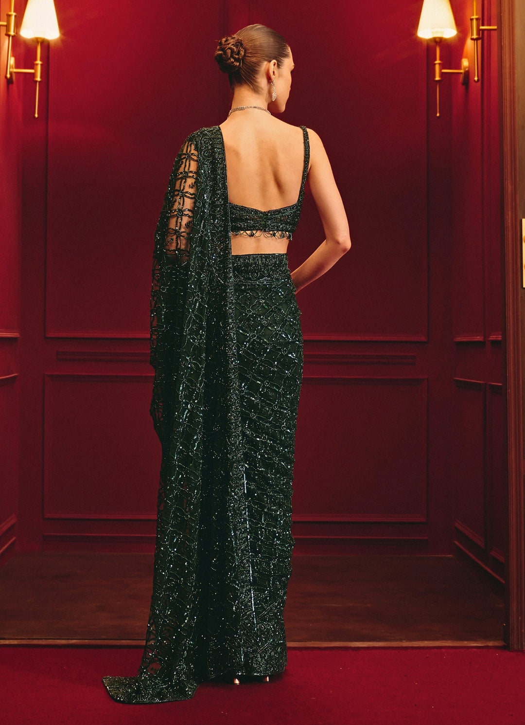 Emerald Green Embroidered Soft Net Saree Angad Singh - Fabilicious Fashion