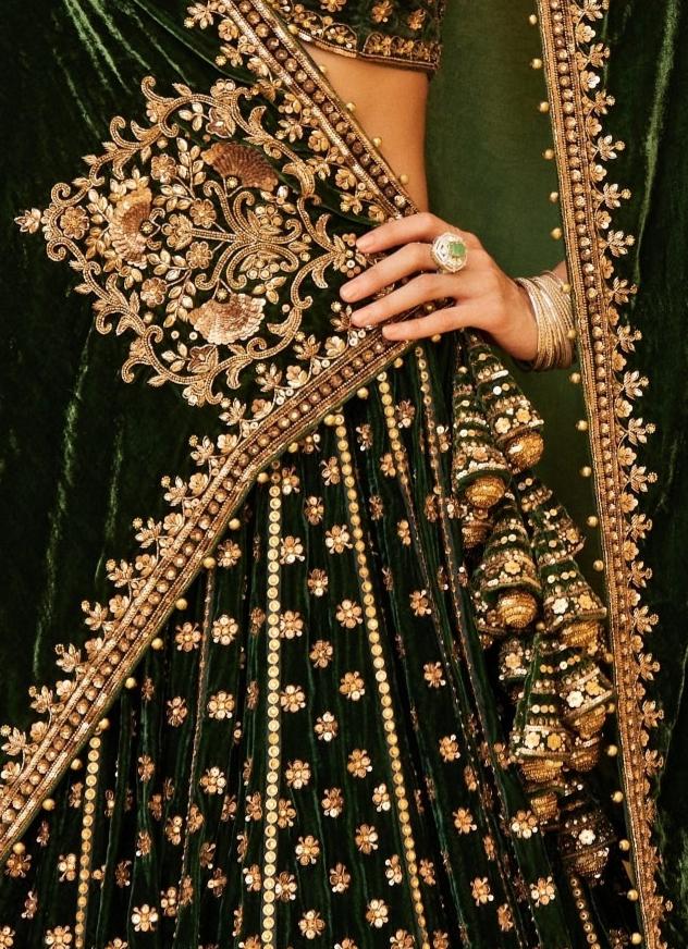 Emerald Green Embroidered Velvet Lehenga Prevasu - Fabilicious Fashion