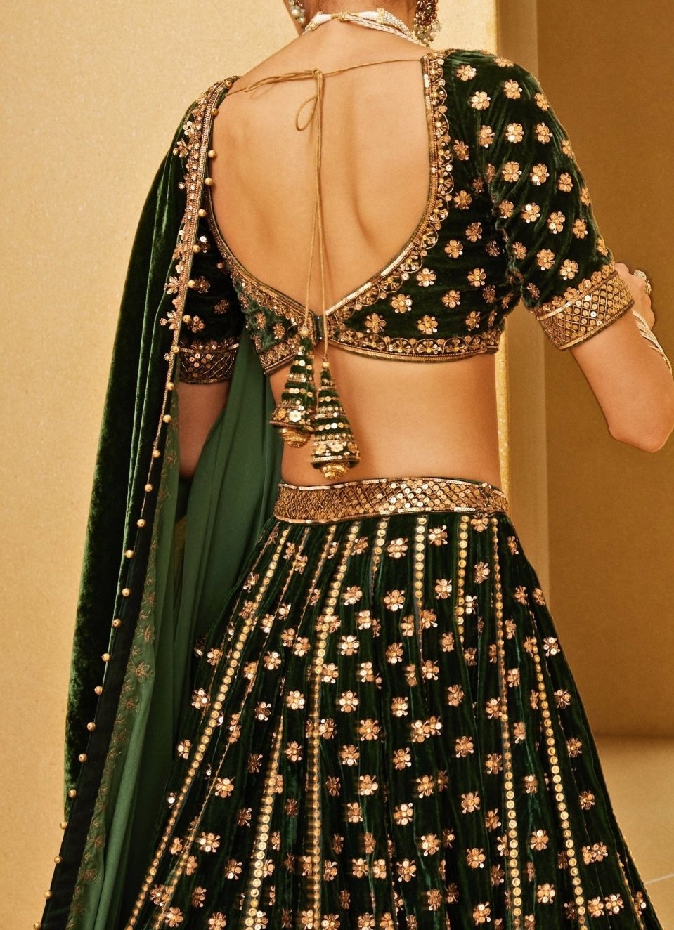Emerald Green Embroidered Velvet Lehenga Prevasu - Fabilicious Fashion