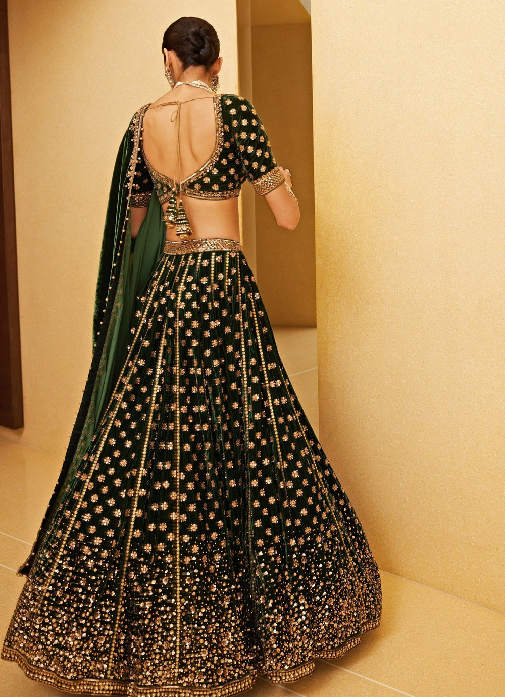 Emerald Green Embroidered Velvet Lehenga Prevasu - Fabilicious Fashion