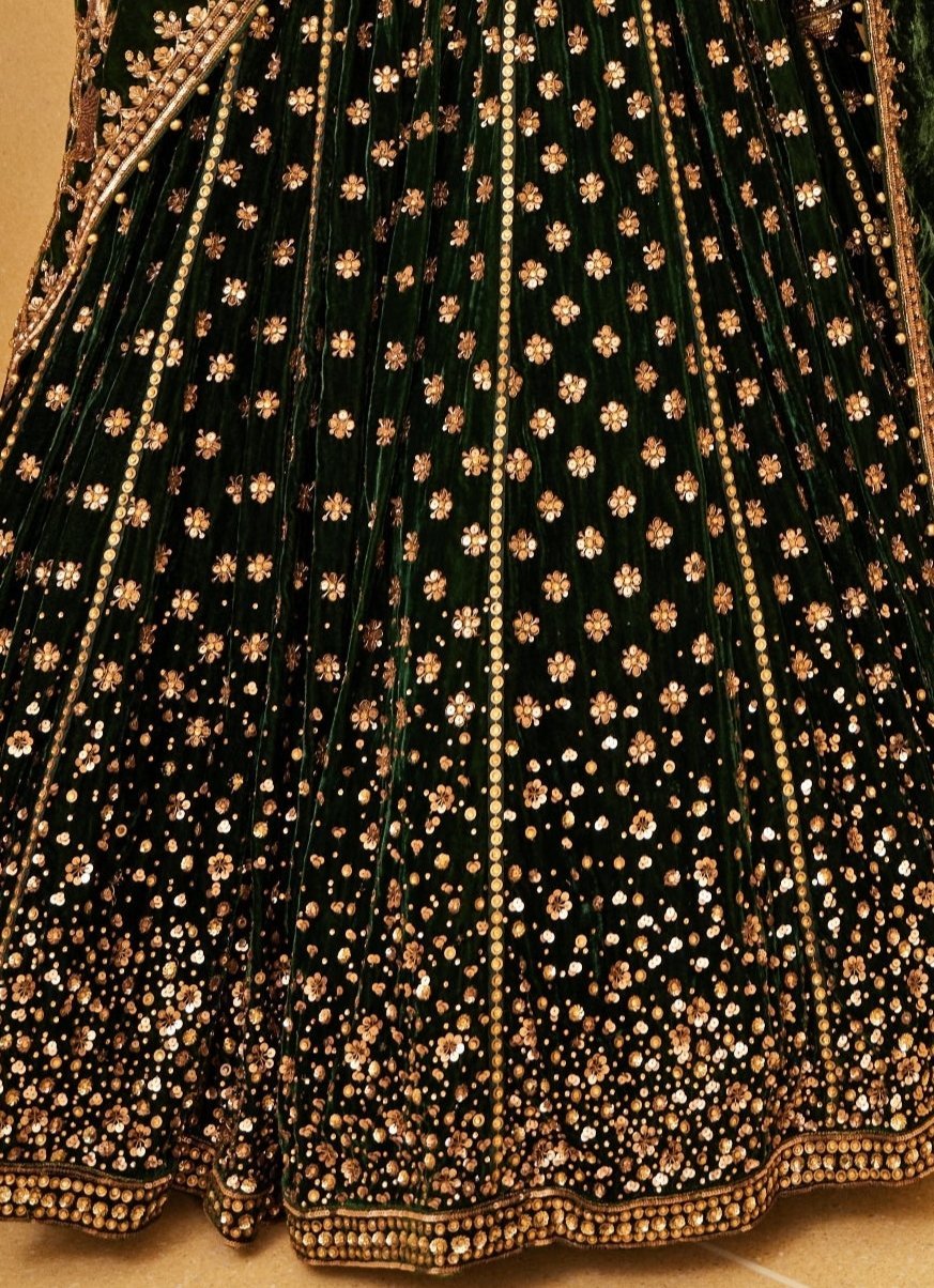 Emerald Green Embroidered Velvet Lehenga Prevasu - Fabilicious Fashion