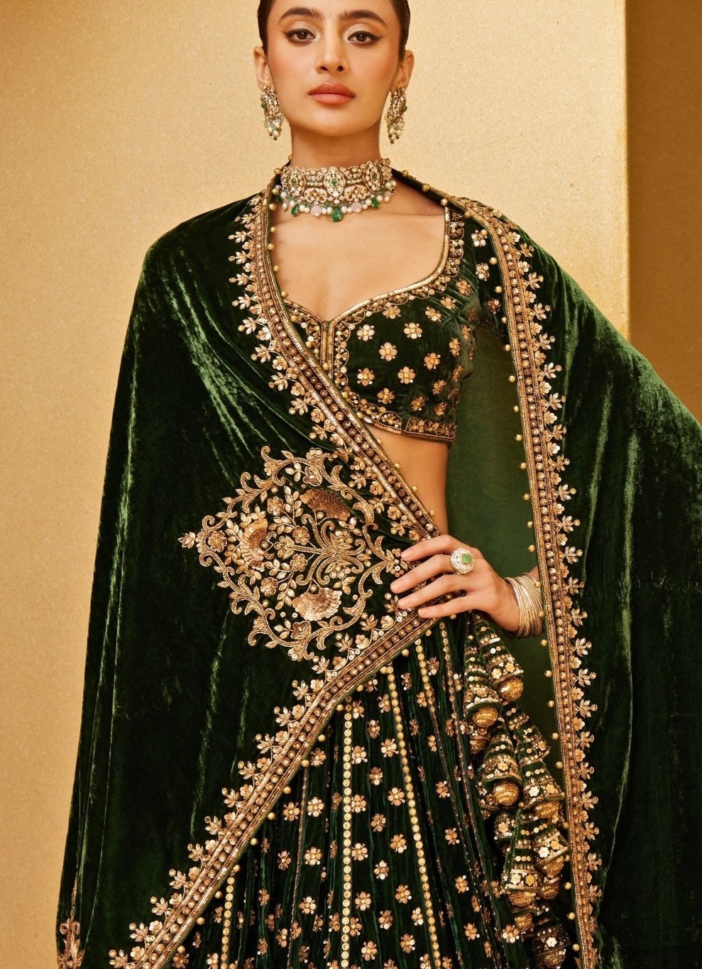 Emerald Green Embroidered Velvet Lehenga Prevasu - Fabilicious Fashion