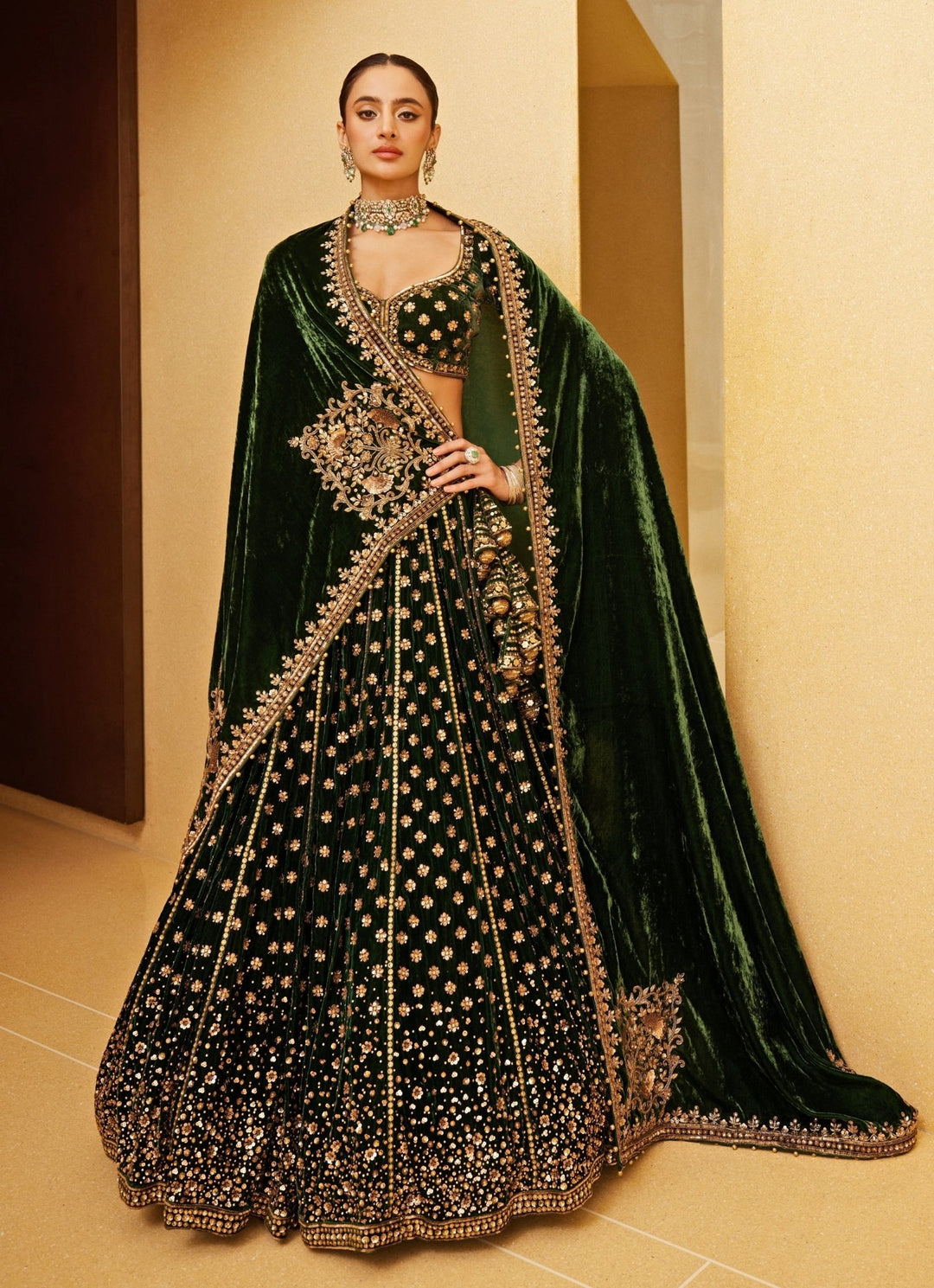 Emerald Green Embroidered Velvet Lehenga Prevasu - Fabilicious Fashion