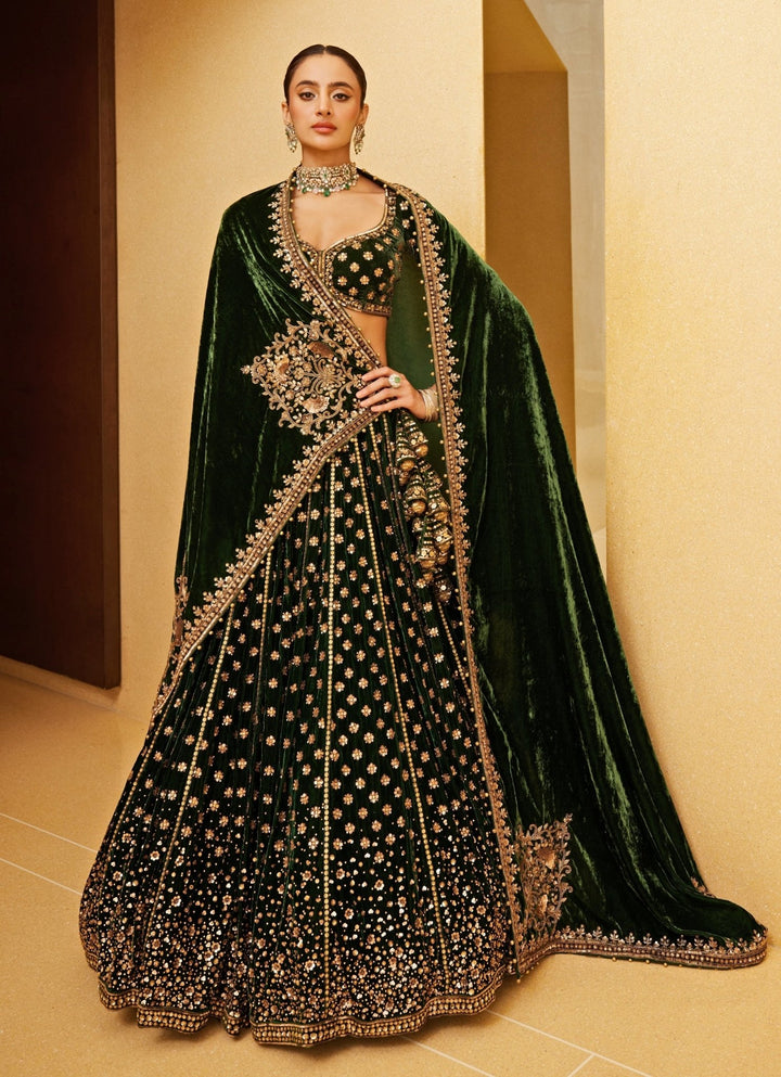 Emerald Green Embroidered Velvet Lehenga Prevasu - Fabilicious Fashion