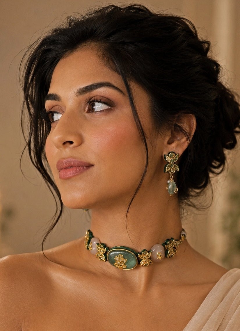 Vivinia by Vidhi Mehra Emerald Green Floral Gemstone Choker SetFabilicious Fashion