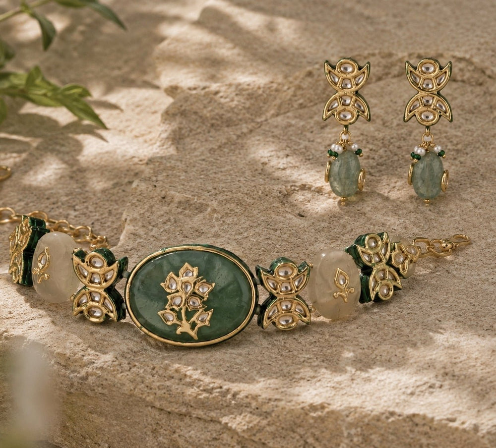 Vivinia by Vidhi Mehra Emerald Green Floral Gemstone Choker SetFabilicious Fashion