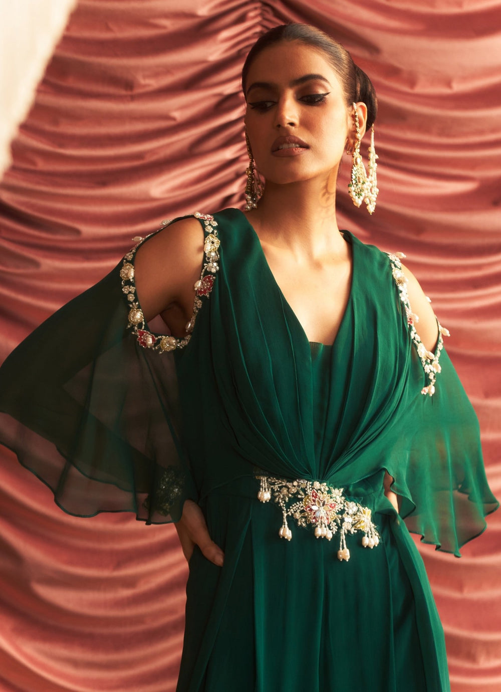 Emerald Green Georgette Embroidered Jumpsuit Seema Thukral - Fabilicious Fashion