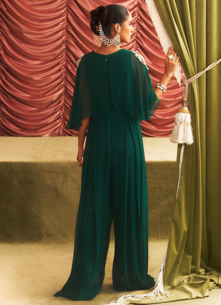 Emerald Green Georgette Embroidered Jumpsuit Seema Thukral - Fabilicious Fashion