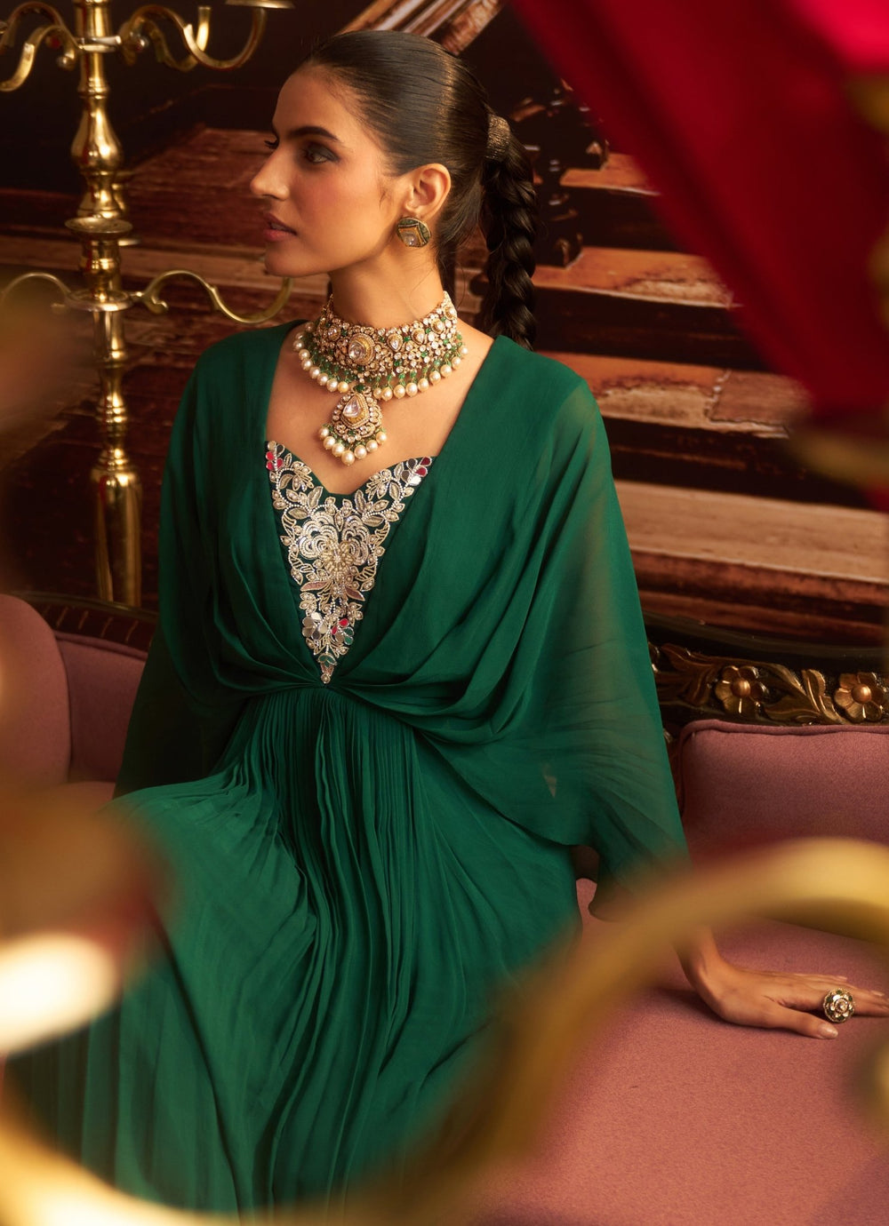 Emerald Green Georgette Full Length Embroidered Dress Seema Thukral - Fabilicious Fashion
