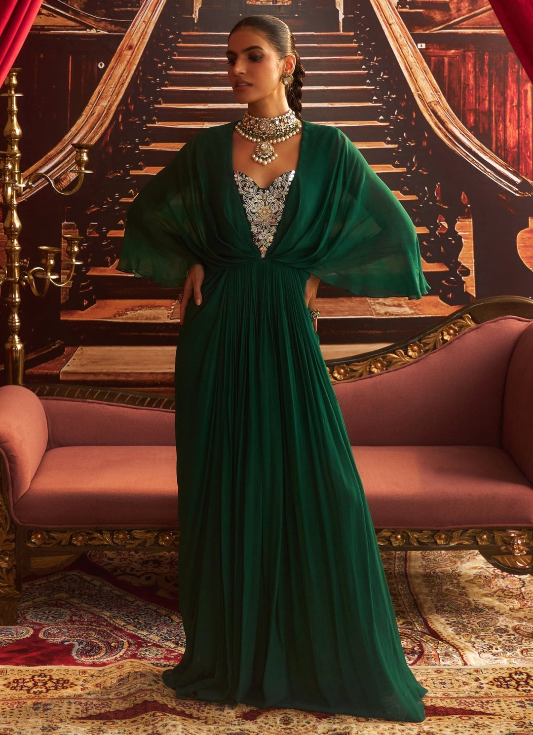 Emerald Green Georgette Full Length Embroidered Dress