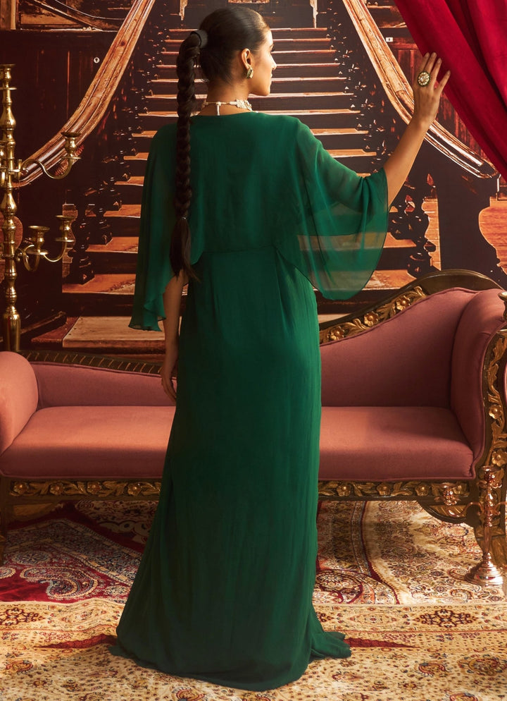 Emerald Green Georgette Full Length Embroidered Dress Seema Thukral - Fabilicious Fashion